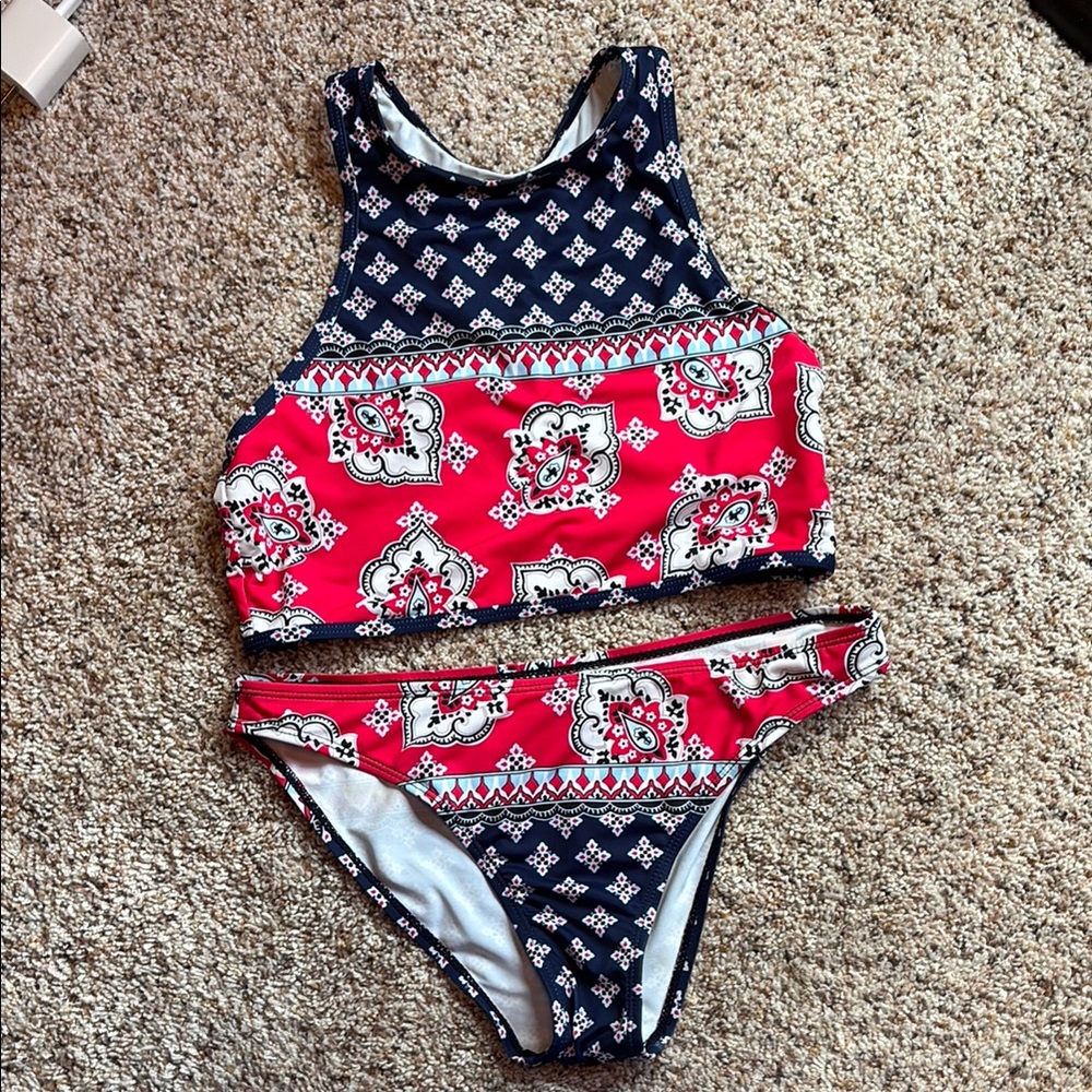 Navy and Red Patterned Bikini Set